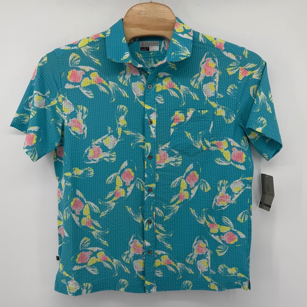 PGA Tour Shirt Mens Large Scuba Blue Koi Fish Pro Series Golf Seersucker button
